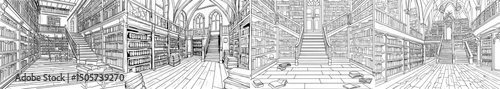 Modern library interior depicted in a black and white graphic sketch illustration