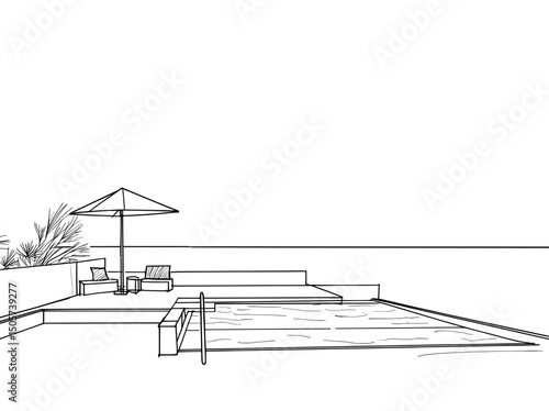 The modern illustration features a black and white landscape sketch with a swimming pool balcony graphic