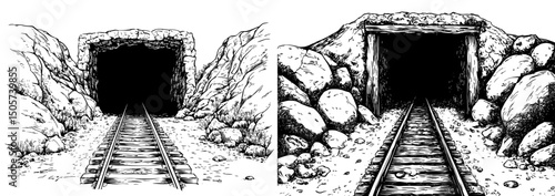 The modern illustration depicts an old mine in a black and white landscape sketch