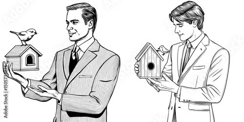A hand drawn, black and white image of a businessman with a birdhouse head, rendered in a modern illustration style, with a scratch board imitation, intended for use as a T-shirt apparel print design