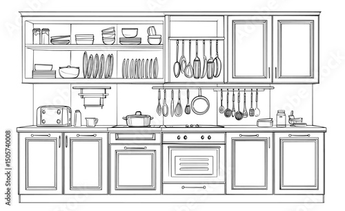 The illustration depicts a modern kitchen with linear-style furniture, paired with an architectural sketch of a dining area that includes an array of utensils, tools, equipment, and appliances, all