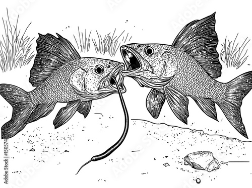 A black and white hand drawn image of fish fighting for a worm is presented in a modern illustration style, with a sketch engraving look, suitable for use as a t-shirt apparel print design, and