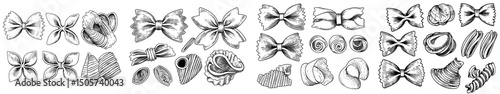 Pasta products are depicted in a modern illustration featuring sketch engraving, suitable for a T-shirt apparel print design, created in a scratch board imitation style, presented as a black and