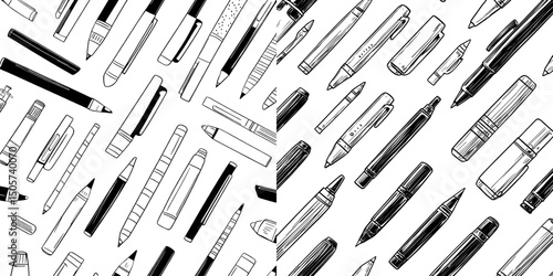 Modern stationery items such as pens, pencils, and markers are illustrated in a seamless pattern, characterized by hand-drawn doodles and outline sketches