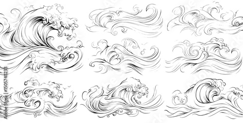 Modern sketch-style illustration of ocean tidal storm waves, hand drawn and isolated on a white background, capturing a close-up of the sea tide, ideal for surfing and seascape designs, representing