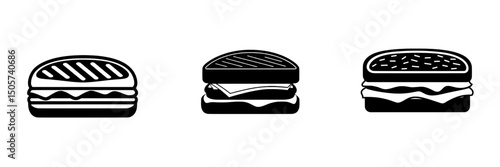 A simple, yet visually engaging black and white icon of a sandwich with layers of bread and fillings is the Sandwich Icon, representing a satisfying lunch or snack