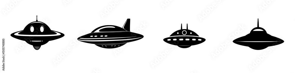 A classic illustration of a UFO is depicted in a simple yet striking black silhouette against a clean background, referred to as an Unidentified Flying Object A classic illustration of a UFO is depicted in a simple yet striking black silhouette against a clean background, referred to as an Unidentified Flying Object