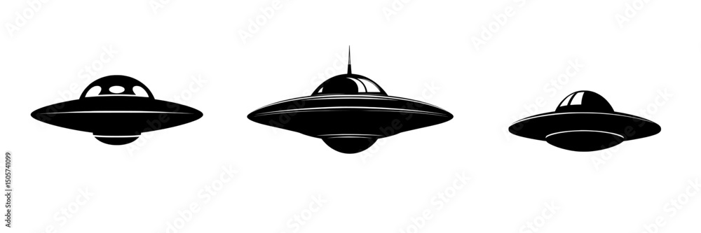 The Unidentified Flying Object is illustrated in a classic, minimalist style, depicted in stark black silhouette against a white background with beams of light emanating from below The Unidentified Flying Object is illustrated in a classic, minimalist style, depicted in stark black silhouette against a white background with beams of light emanating from below