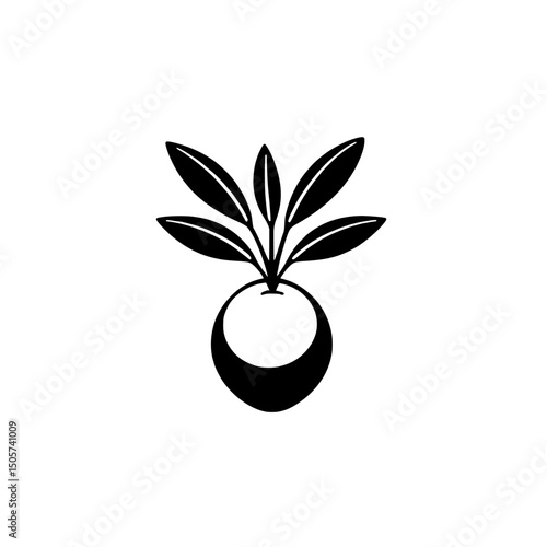 The icon known as Olive Sprout is characterized by its minimalist black and white design, which portrays a sprouting olive to represent the ideas of growth, new beginnings, and the potential for life