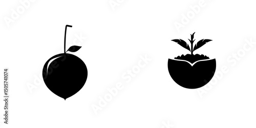 The iconic Coconut Drink Icon, a simple black silhouette of a coconut with a straw, is perfect for tropical-themed designs and summery vibes, ready to quench your thirst
