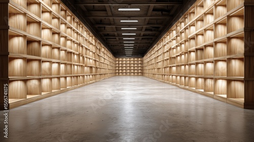 Wallpaper Mural Wooden store shelves completely empty, clean supermarket interior with polished concrete floor --chaos 20 Torontodigital.ca