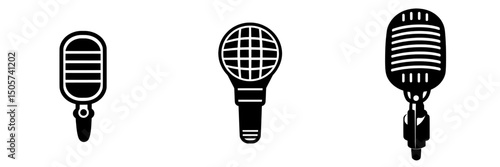 A classic, vintage-style microphone icon, rendered in bold black silhouette against a clean background, ideal for podcasting, music, broadcasting, and vintage audio themes, is represented by the