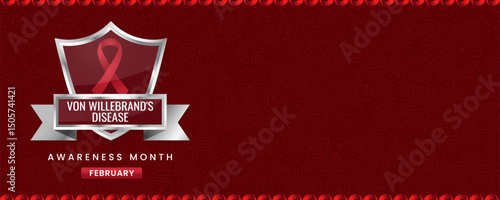 Von Willebrand's Disease Awareness Month banner, with Red ribbon, shield and space for text. Design for Banner or Header.