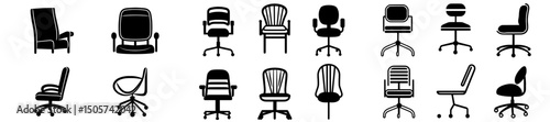 Icons of office chairs are available in black, white, swivel, rolling, and desk varieties