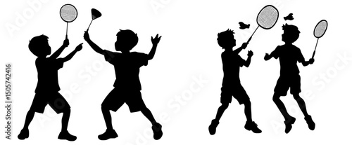The design is minimalist, showcasing boys playing badminton in black silhouettes against a white backdrop