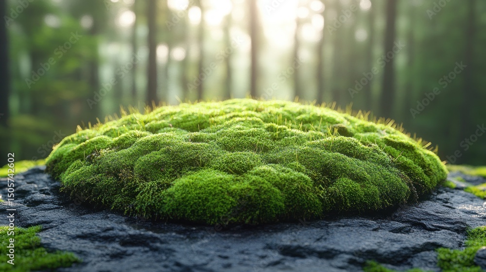 Lush green moss clump on dark rock, sunlit forest background. Lush green moss clump on dark rock, sunlit forest background.