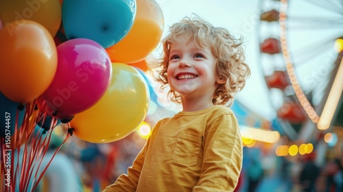 Happy Child Holding Colorful Balloons at Amusement Park Attraction