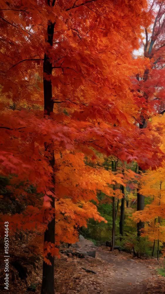 Autumn foliage displays brilliant reds and oranges along a forest path, inviting a walk into nature's colorful embrace, with fallen leaves. Autumn foliage displays brilliant reds and oranges along a forest path, inviting a walk into nature's colorful embrace, with fallen leaves.