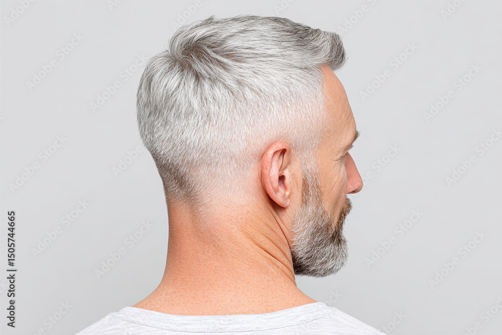 Obraz premium Mature man with short silver hair and beard looking away on gray background