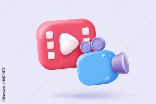 3d video camera icon isolated  with lens and button on pastel background. Realistic film movie icon, play button for streaming multimedia concept. 3d cinema record icon vector render illustration
