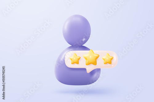 3d stars rating for best excellent services. Result score for satisfaction in speech bubble. Review for quality customer rating feedback, product award review. 3d star icon vector render illustration