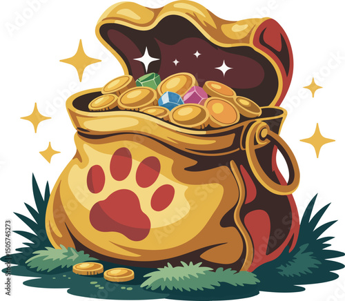 Golden treasure bag with paw print and gems