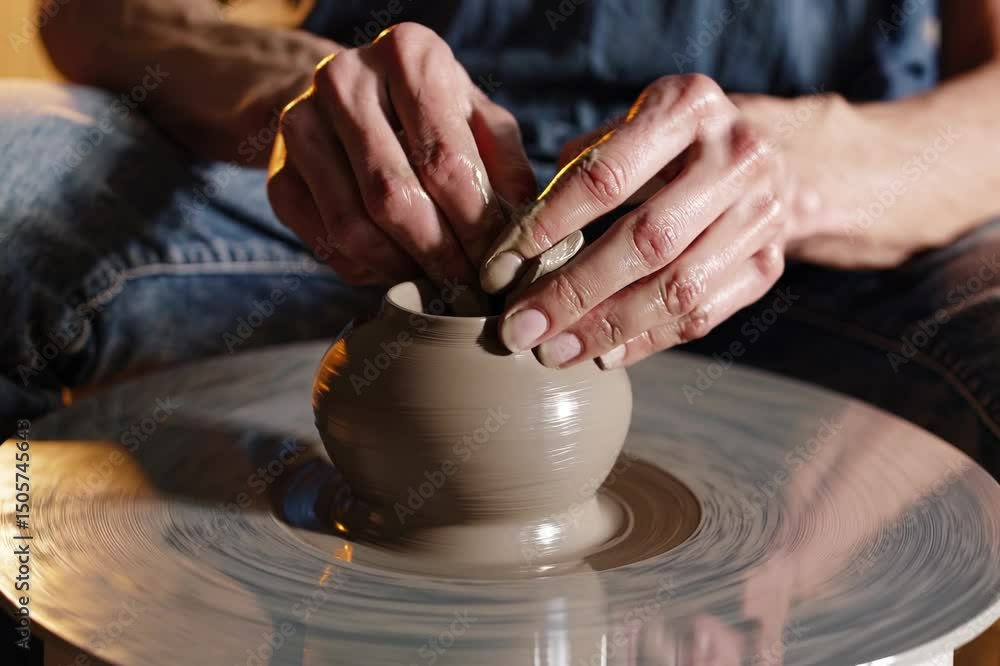 A close-up of hands shaping a clay bowl on a pottery wheel. The hands are covered in wet clay, showcasing the art of pottery making. Soft lighting enhances the scene. A close-up of hands shaping a clay bowl on a pottery wheel. The hands are covered in wet clay, showcasing the art of pottery making. Soft lighting enhances the scene.