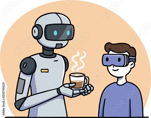 Robot serving coffee to person wearing virtual reality headset vector illustration 