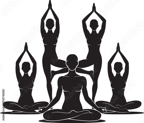 Silhouette of yoga group in meditation poses