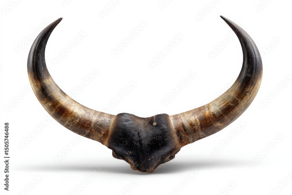 Fototapeta premium Majestic bull horns, dark brown and tan, curve elegantly against a stark white background.