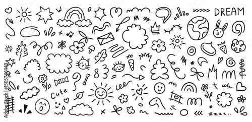 Big set of cute kids elements. Hand drawn collection of scribble doodle icon. Vector line illustration