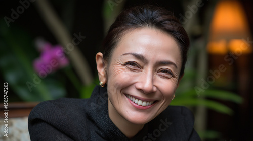 A smiling Asian woman in professional attire, radiating confidence and warmth.
