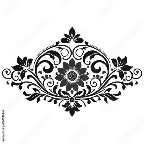 Elegant black and white damask floral design element
