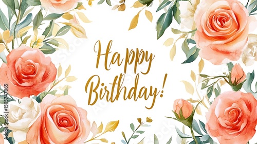 A pastel rose wreath in soft coral and cream tones, flowers slightly faded toward the edges, centered gold calligraphy text “Happy Birthday!” on white background.