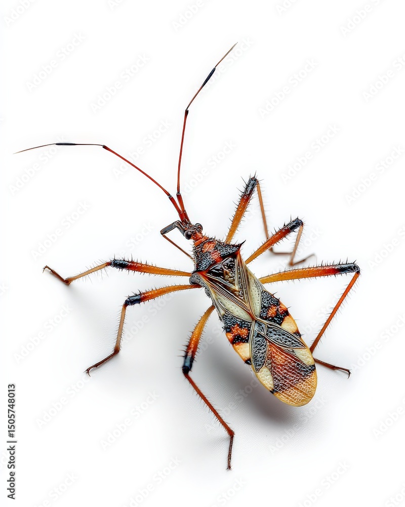 Detailed close-up of a striking insect with vibrant colors against a stark white backdrop. Detailed close-up of a striking insect with vibrant colors against a stark white backdrop.