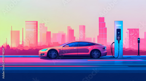 Red sport auto in urban street traffic