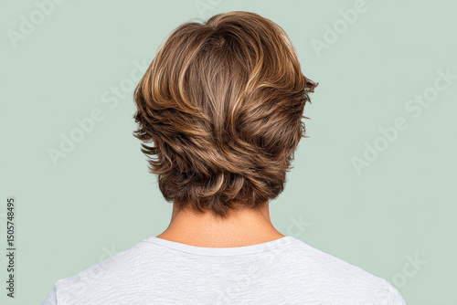 Medium layered haircut with highlights on man wearing white shirt, back view