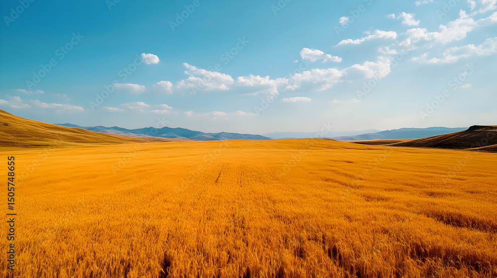 Golden wheat fields under a vast blue sky, a quintessential summer landscape Golden wheat fields under a vast blue sky, a quintessential summer landscape