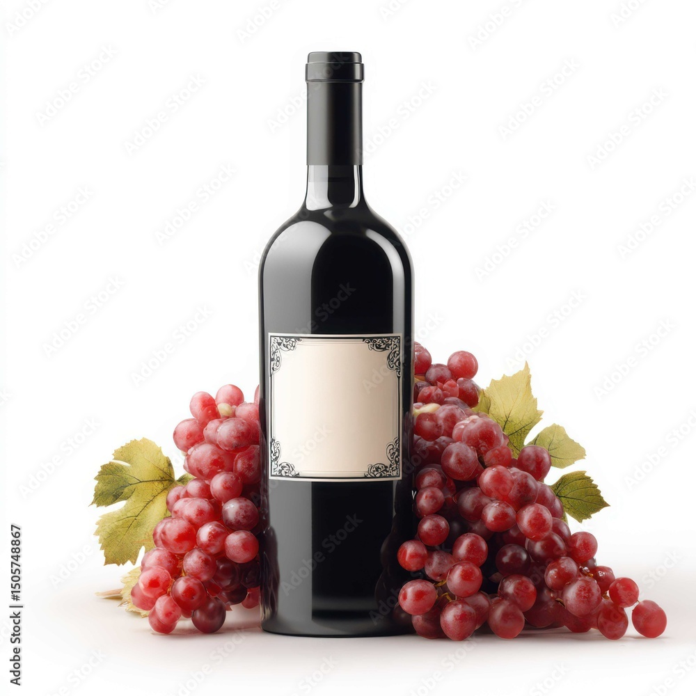 Fototapeta premium Wine bottle with blank label and bunches of red grapes on white background