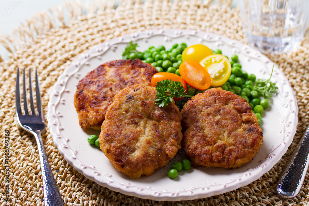 Fish cakes with green peas. Fish patties or burgers. View from above, top studio shot Fish cakes with green peas. Fish patties or burgers. View from above, top studio shot