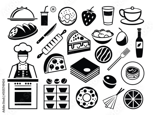 Flat Food Icon Collection – Dark Blue & White Minimalist Style