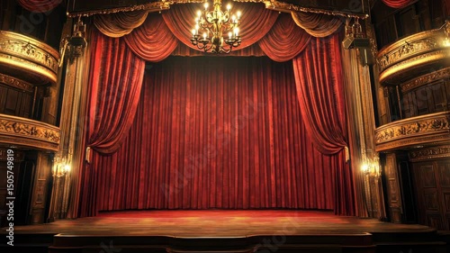 Grand theater stage with dramatic curtain opening and elegant chandelier