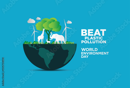 #BeatPlasticPollution, World Environment day concept 2025 3d tree background. 