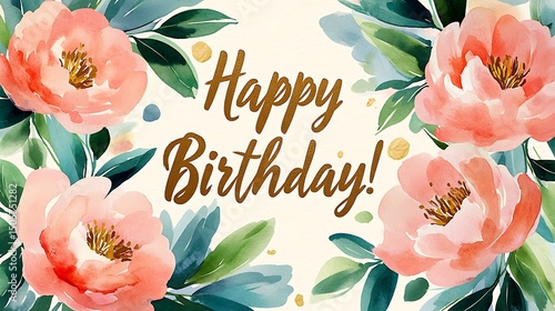 A watercolor birthday card banner, clustered pink peonies with light green leaves in corners, central golden cursive “Happy Birthday!” text, subtle textured paper background.