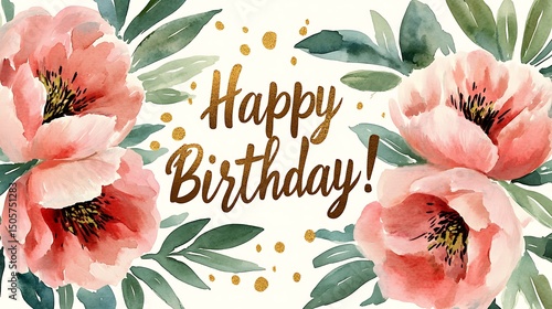 A watercolor birthday card banner, clustered pink peonies with light green leaves in corners, central golden cursive “Happy Birthday!” text, subtle textured paper background.