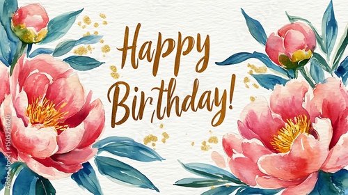 A watercolor illustration of blooming pink peonies across the bottom edge, “Happy Birthday!” in shimmering gold calligraphy above, white textured canvas background.