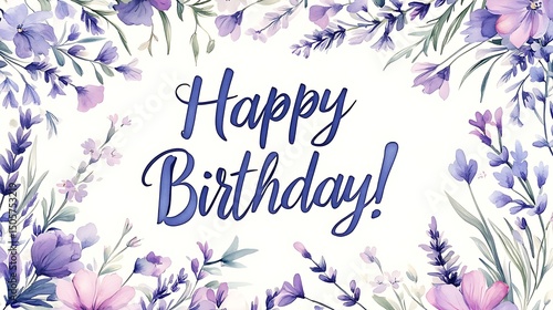 Clean banner design with lavender wreath encircling elegant cursive “Happy Birthday!” text, white background with pale grey paper texture, centered composition.