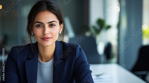Young female executive exudes confidence in a navy blazer, seated at a modern desk, embodying professionalism and leadership.