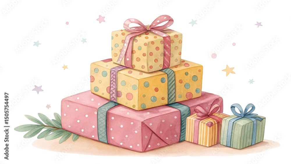 Obraz premium stack of gifts watercolor clipart illustration