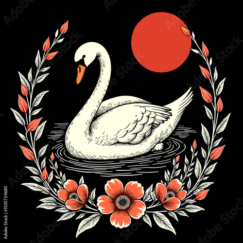 White swan swimming in water with floral frame and red sun .  T-shirt print